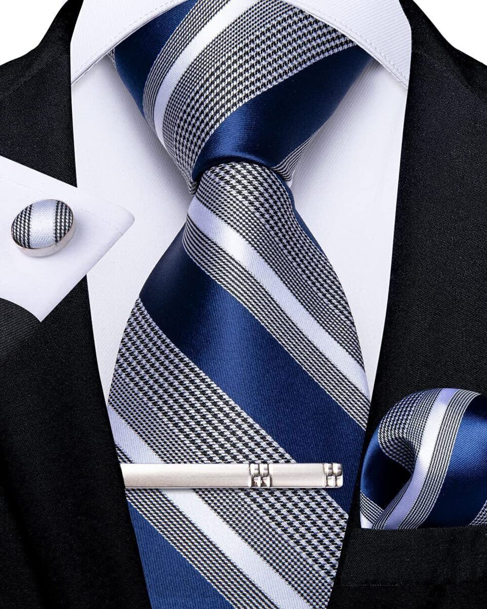 7397 Blue and Grey Stripe Ties Classic Silk 's Necktie & Pocket Square
